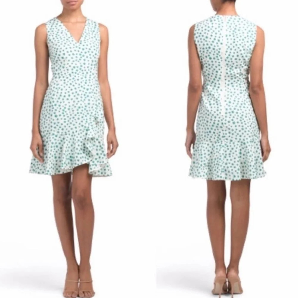 Rebecca Taylor Emerald Daisy Print Mini Dress Cream Green Floral Ruffle V-neck 4 - Picture 1 of 12